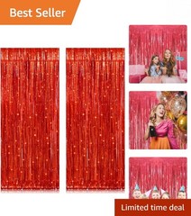 Vibrant 2 Pack Red Foil Tinsel Curtains 3.2ft x 8.2ft for Festive Backdrops