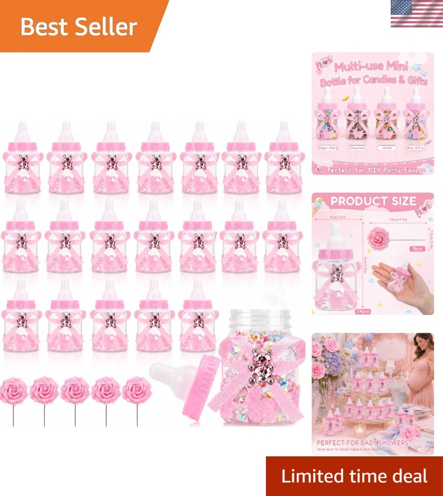 24 Pink Mini Baby Bottle Candy Boxes with 5 Handmade Roses – Baby Shower Favors