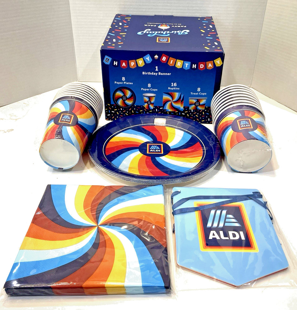 ALDI Birthday Party Pack Serves 8 Plates Cups Banner Napkins Retro Set LTD ED