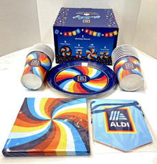 ALDI Birthday Party Pack Serves 8 Plates Cups Banner Napkins Retro Set LTD ED