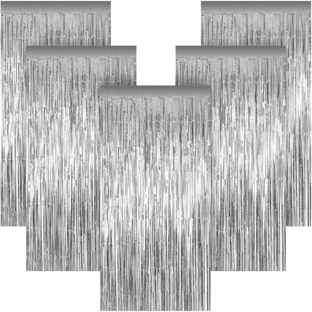 5 PCS Silver Metallic Tinsel Foil Fringe Curtains 3.28×6.56 Ft Photo Backdrop
