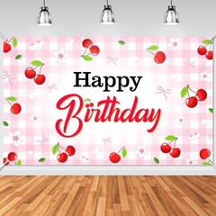 Cherry Birthday Banner Cherry Bow Birthday Decorations for Gilrs 6×3.6 ft