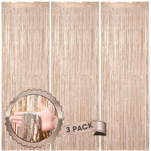 3 Pack 3.3 x 8.2 ft Laser Champagne Foil Fringe Backdrop 23 Laser Champagne