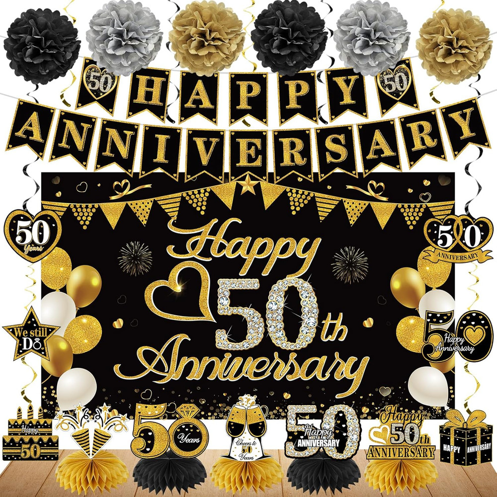 Happy 50Th Anniversary Decorations Kit, Black Gold 50Th Wedding Anniversary Part