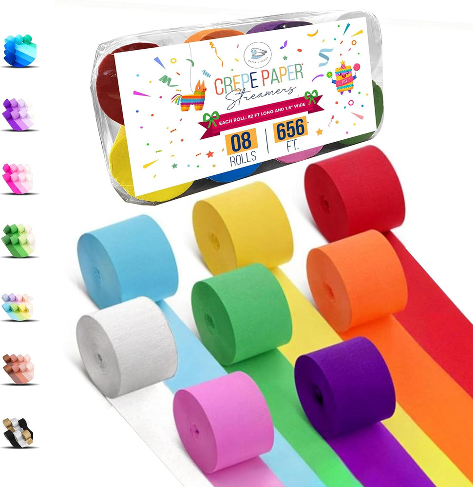 8 Crepe Paper Streamers Rolls 656Ft Pack Unique 8 Rainbow (1.8 Inch X 82 Ft/Roll
