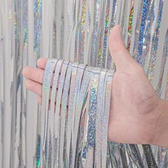 4 PCS Laser Silver Foil Fringe Backdrop Curtains Tinsel Streamers Party Decor