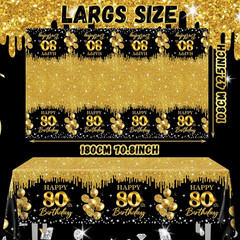 80th Birthday Tablecloth, 3Pcs Black Gold 80th Birthday Decorations Table Cloth
