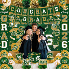 Green and Gold Graduation Decorations 2026 Set, All-In-1 Kit with Congrats Grad
