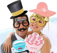 52 Counts Wedding Bridal Shower Photo Booth Prop Kit with Wooden Dowels Fun