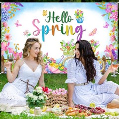 Hello Spring Banner Photo Backdrop 6 x 3.6 ft Colorful Floral Easter Holiday Par