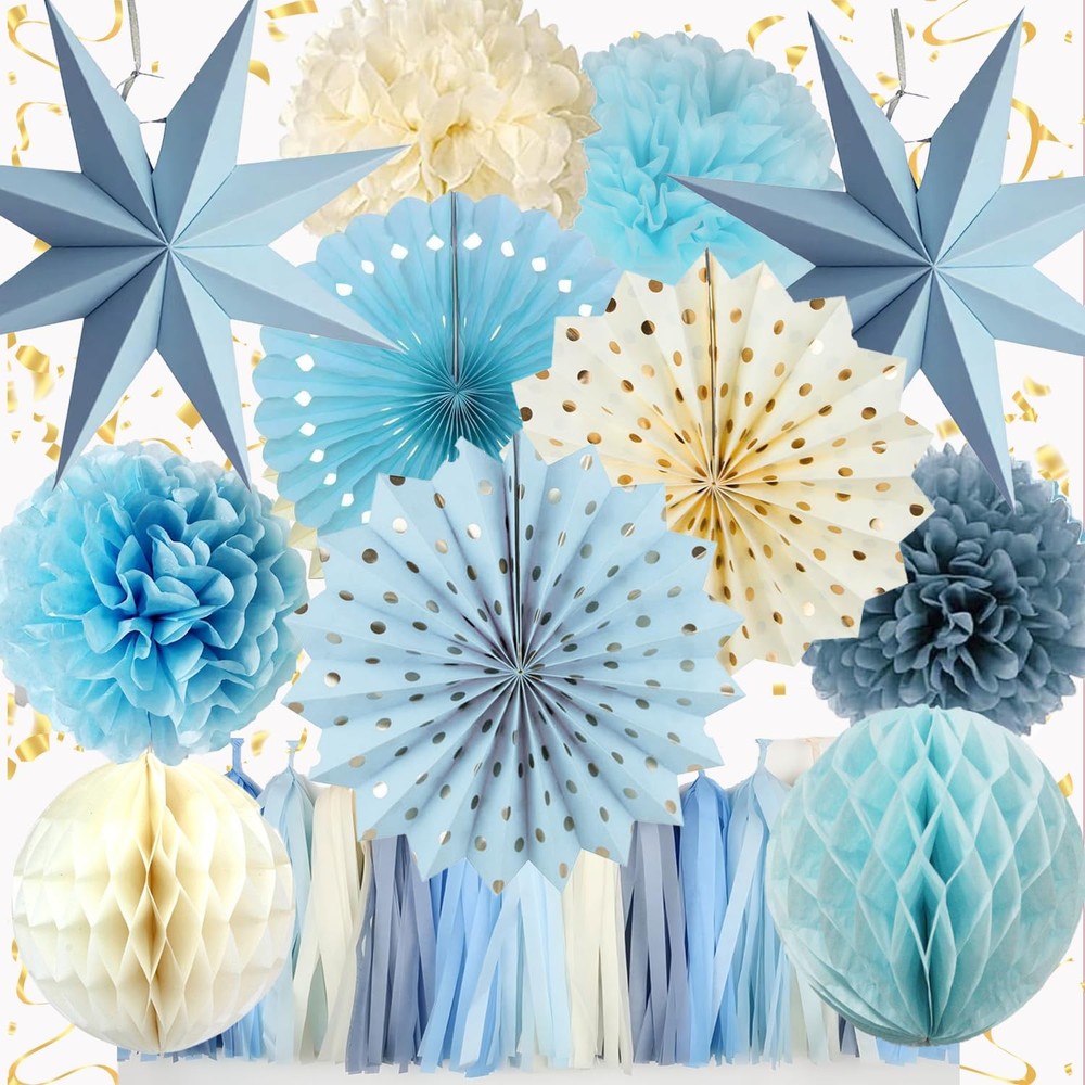 Blue Party Decorations,15PCS Dusty Blue Beige Decorations for Men Girl Boy,Ha…