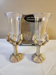 Halloween Champagne Flutes Glasses Two Spooky Resin Skeleton Hand