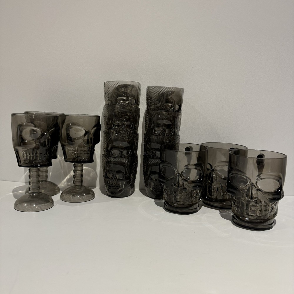 Halloween Black Skull Skeleton Plastic Cup Set 3 Wine glasses, 3 Goblets, 8 Cups