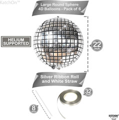 Pack of 6 Big Silver Disco Ball Balloons for Party, Bachelorette, New Year Decor