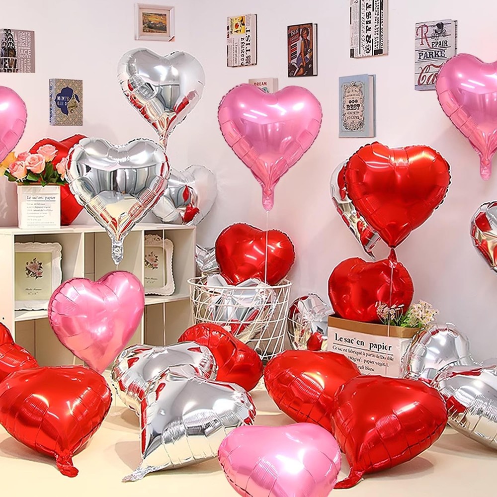 60 PCS Heart Shape Foil Balloons, 10 Inch Red Pink Silver Heart Foil Balloons…