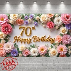 Flower 70th Birthday Banner Decorations for Women Pink Roses Floral Happy 70t…