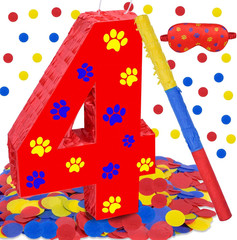 Dog Paw 4Th Birthday Decorations, Dog Paw Printing Number 4 Piñata with Blindfol