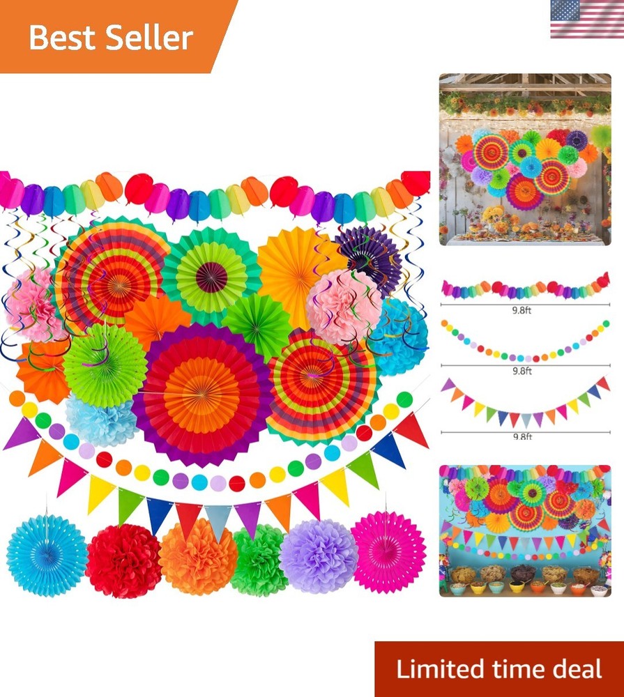 35PCS Fiesta Celebration Decor – Paper Fans, Pom Poms & Banners for Parties