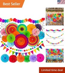 35PCS Fiesta Celebration Decor – Paper Fans, Pom Poms & Banners for Parties