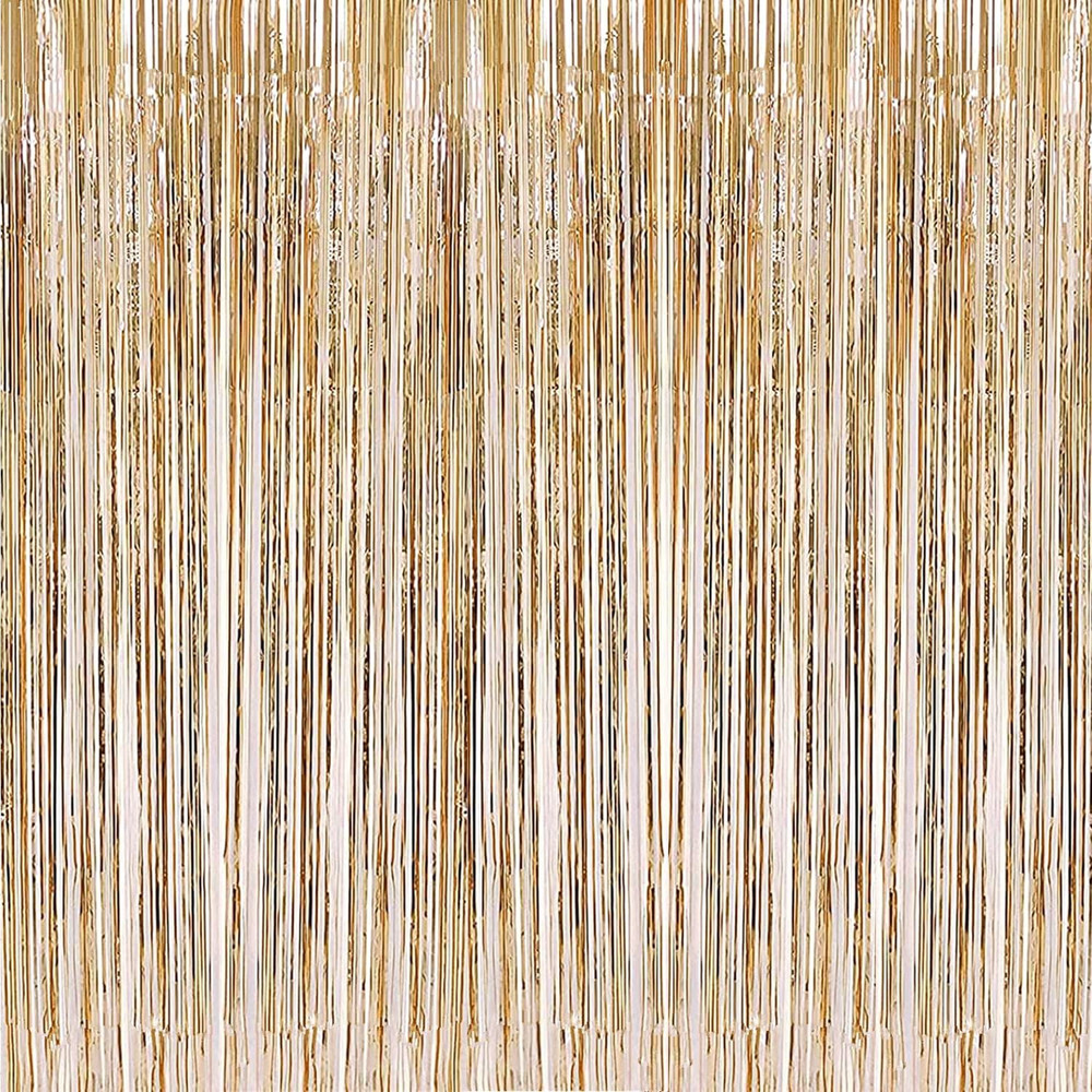 2 Pcs 3.2Ft X 8.2Ft Champagne Gold Metallic Tinsel Foil Fringe Curtains Photo Bo