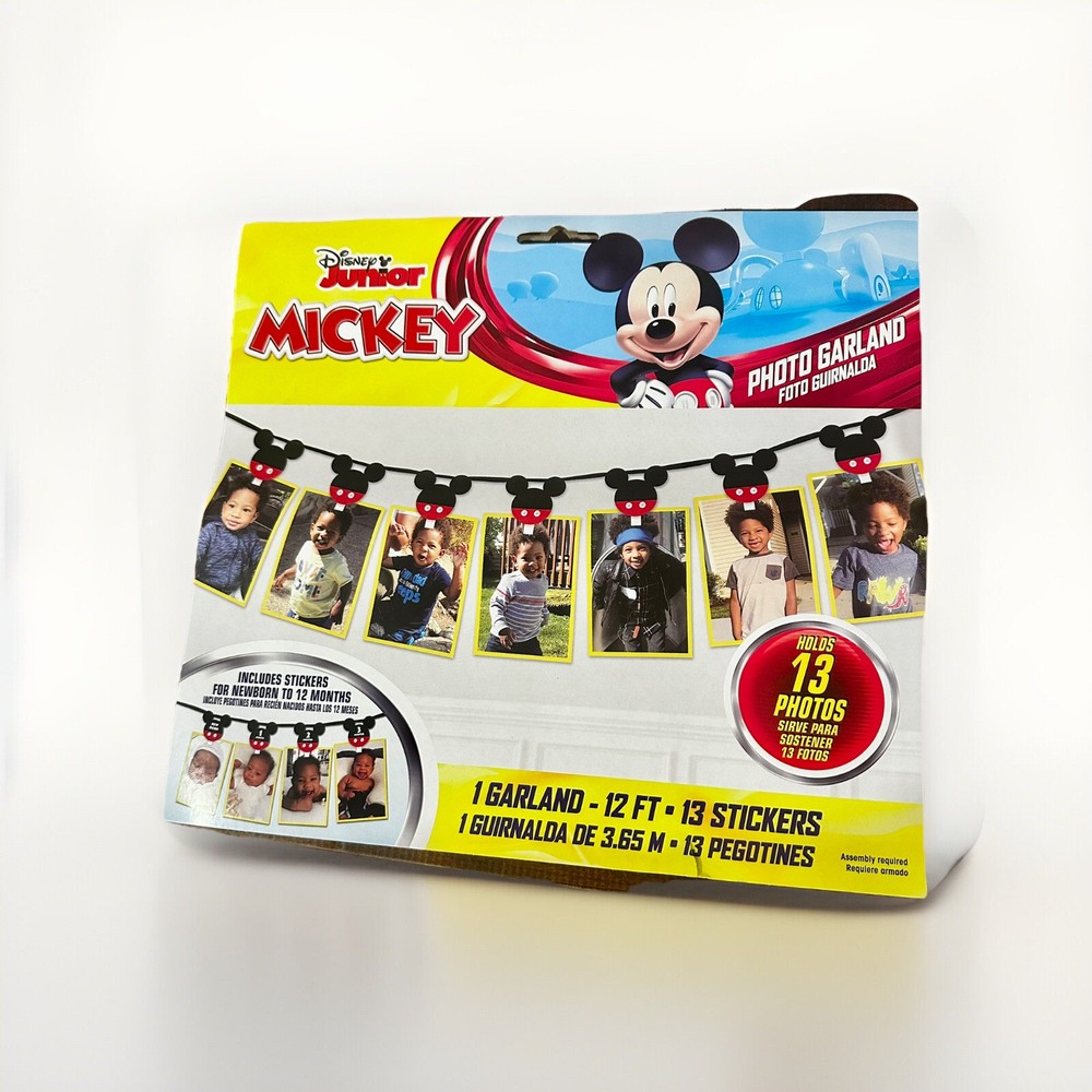 1st Birthday Mickey Mouse 13-Picture Photo Garland Kit, 12ft, 13 Stickers NEW
