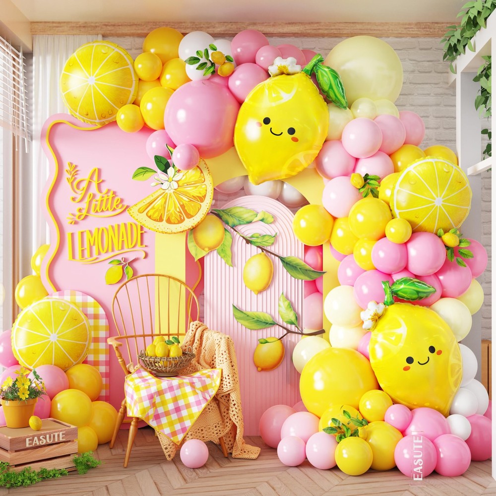 Lemon Balloon Arch Kit, 147Pcs Pink Yellow Lemonade Party Decorations with Le…