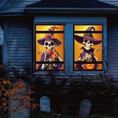Halloween Window Cover Decorations 2 Pcs, Fabric Spooky Cute Black and Orange