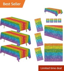 3-Pcs Rainbow Tablecloth Set 55×86 in Glitter for Birthday & Pride Celebrations