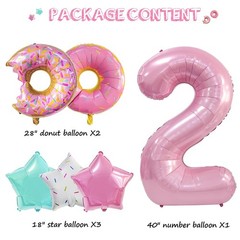 Two Sweet Birthday Decorations, Number 2 Balloons, 6 Pcs 40” Pink Donut Ballo…