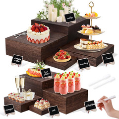 8 Size Nested Buffet Risers with Mini Signs, 8PCS Rustic Wooden Cake & Dessert D