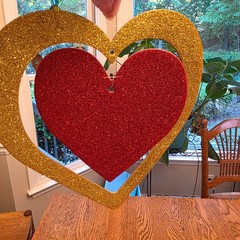 Vintage 90s 2 Glitter Hanging Hearts Valentines Day Decor Red Gold Pink 10x11in