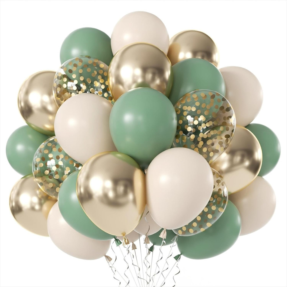 Sage Green Gold Balloons – 50 Pcs 12 Inch Olive Green Sand White Metallic Gold C