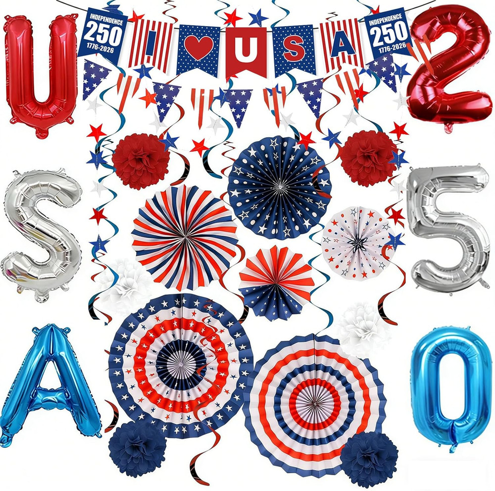 Patriotic Memorial Day Decorations Red White Blue Paper Fans for 250th Annive…