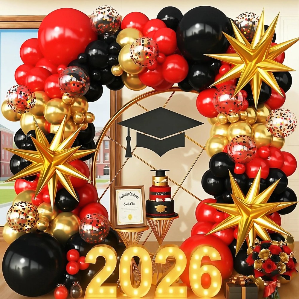 Red Gold Black Balloon Arch Kit for 2026 Graduation Birthday Casino Party Decor