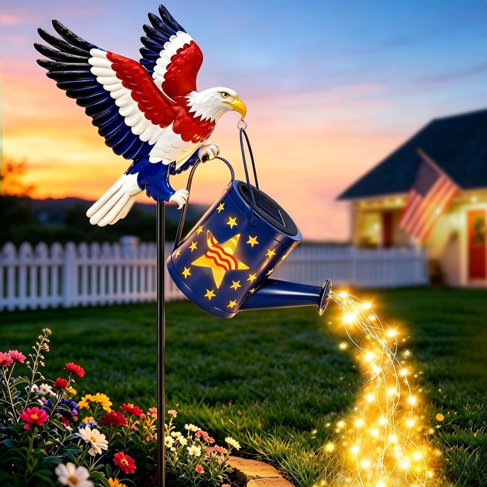 Decorative Solar Eagle Watering Can Lights 36 LED Patriotic Garden Decor