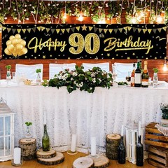 90Th Birthday Banner, Black Gold Yard Sign for Party Decorations, 90 Year Old Th