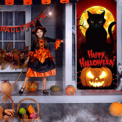 Halloween Decorations Pumpkin Black Cat Moon Bats Door Cover Banner 79X35 Inch