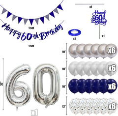 60Th Birthday Decorations for Men Women, Blue Silver White Birthday Balloons, Bl