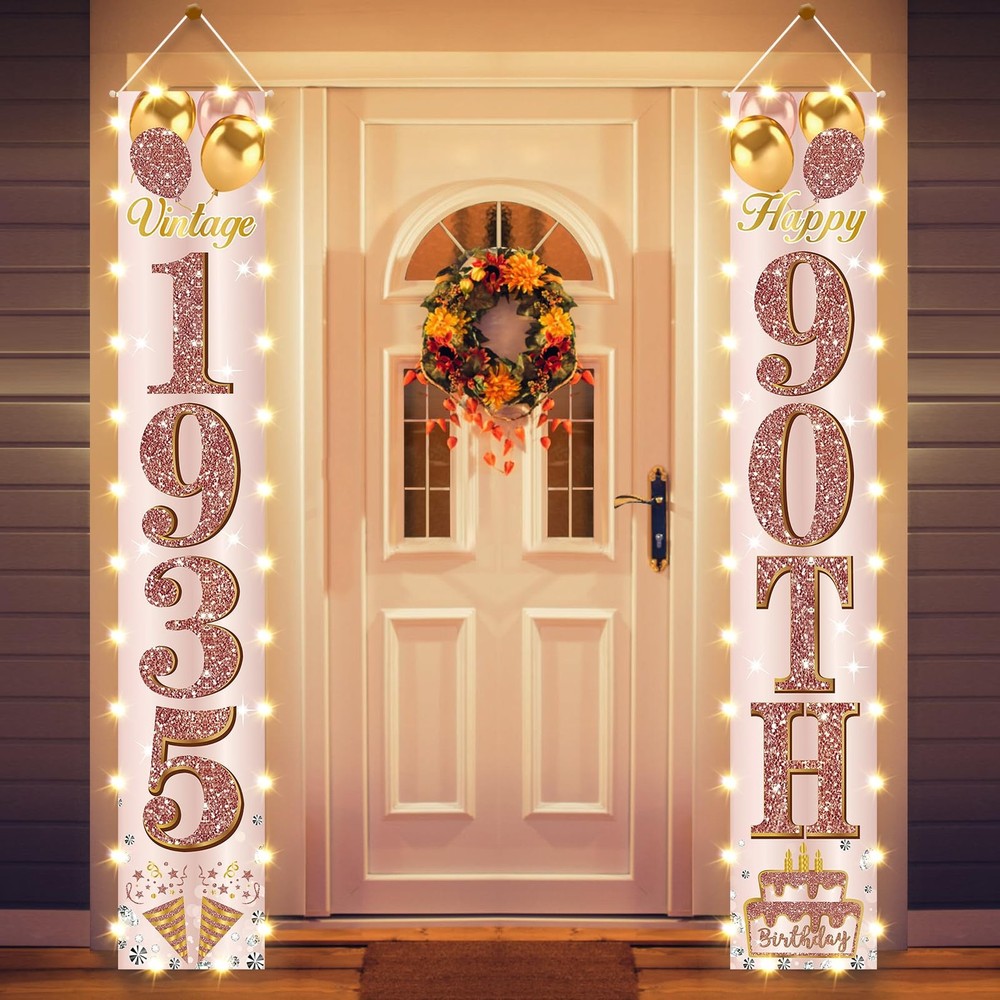 Eiurteao 90th Birthday Banner Lighted Decorations for Women – Pink Rose Gold