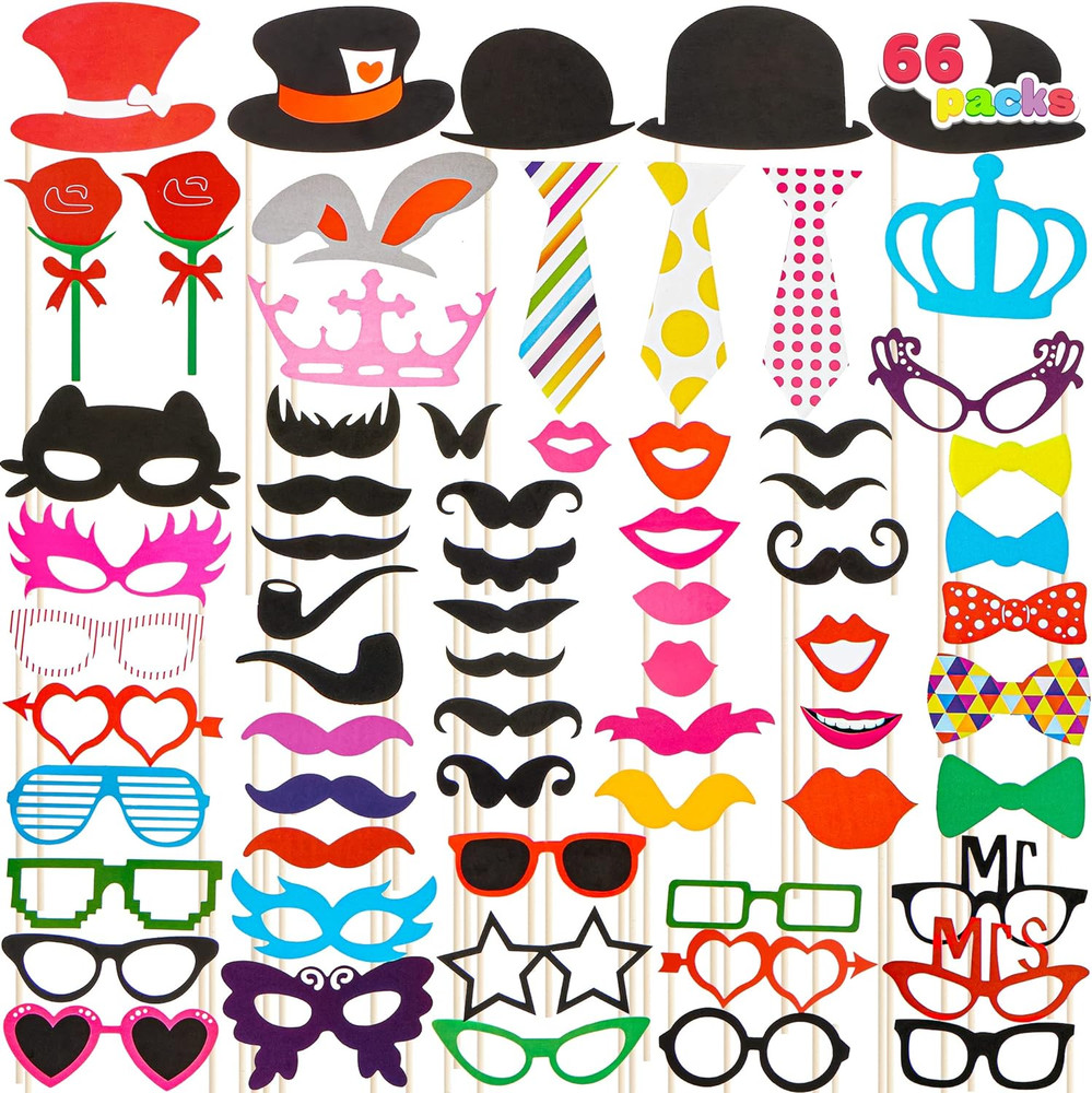 66 Pcs Photo Booth Props Set for Wedding Graduation Party Multicolor with Sticks