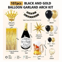 107pcs Black Gold Birthday Decorations for Men with Black and Metallic Gold F…