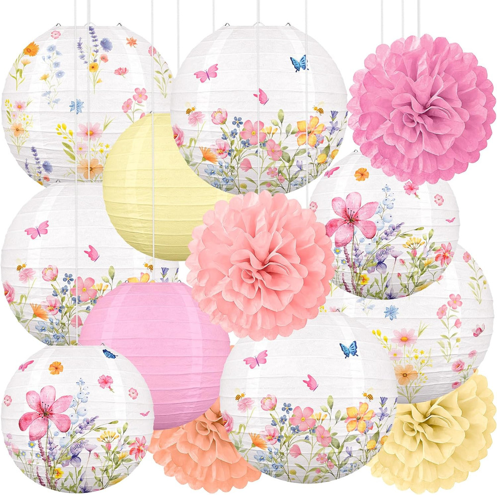 Renbuzhu 13PCS Wildflower Party Decorations Hanging Paper Lanterns Pom Poms for