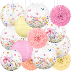 Renbuzhu 13PCS Wildflower Party Decorations Hanging Paper Lanterns Pom Poms for