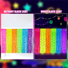 4 Pack Neon Tinsel Foil Fringe Table Skirts 108 X 29.5 Inch Glow in the Dark Par