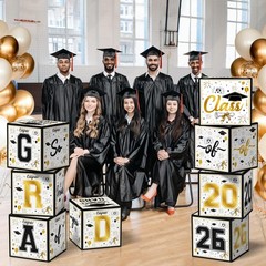 8 Pack Graduation Decorations 2026 – Black Gold Balloon Boxes for Class of 2026.