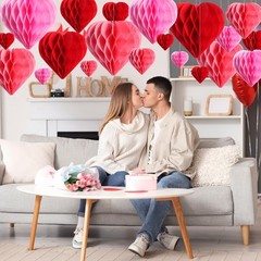 60 PCS Heart Honeycomb Party Decorations Red Pink White Tissue Paper Pom Poms