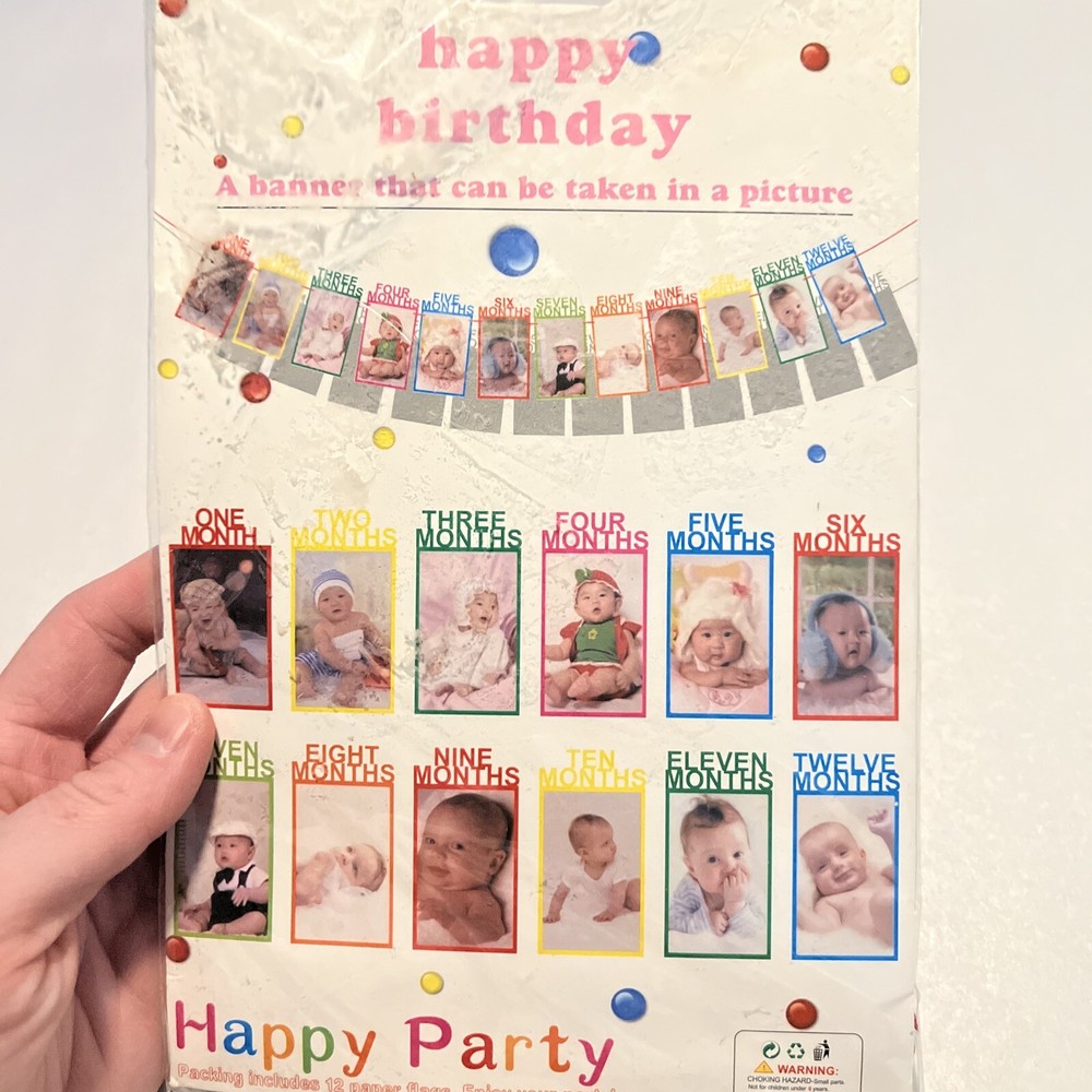 Babies First Birthday 12 Month Banner (1 Picture For Each Month) Gold Banner