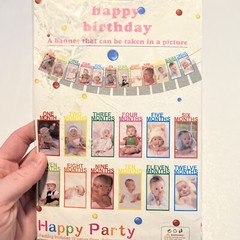 Babies First Birthday 12 Month Banner (1 Picture For Each Month) Gold Banner