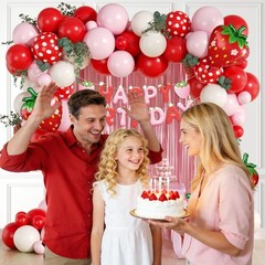 Strawberry Birthday Party Decorations with Pink Fringe Curtain Happy Birthday…