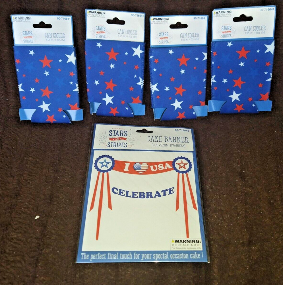 Holiday Patriotic July 4th Cake Banner and 4Can Cooler Set